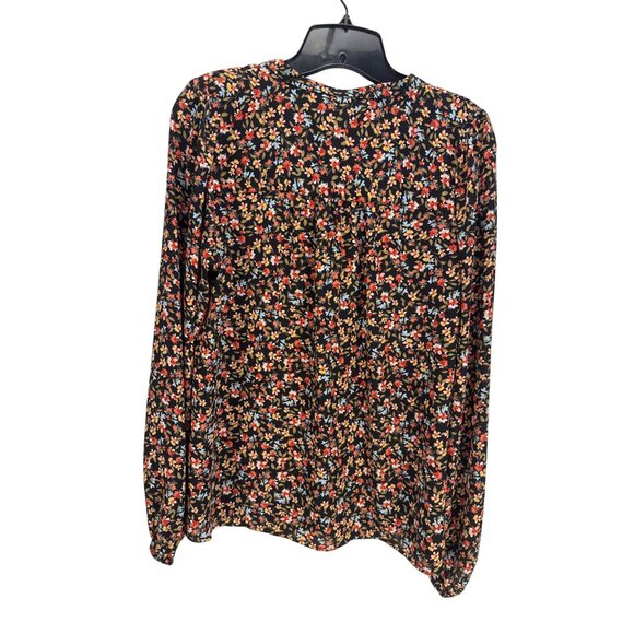 Loft Floral Ruffle Neck Blouse M Brown Long Sleeve Boho Cottagecore Career - Picture 6 of 8